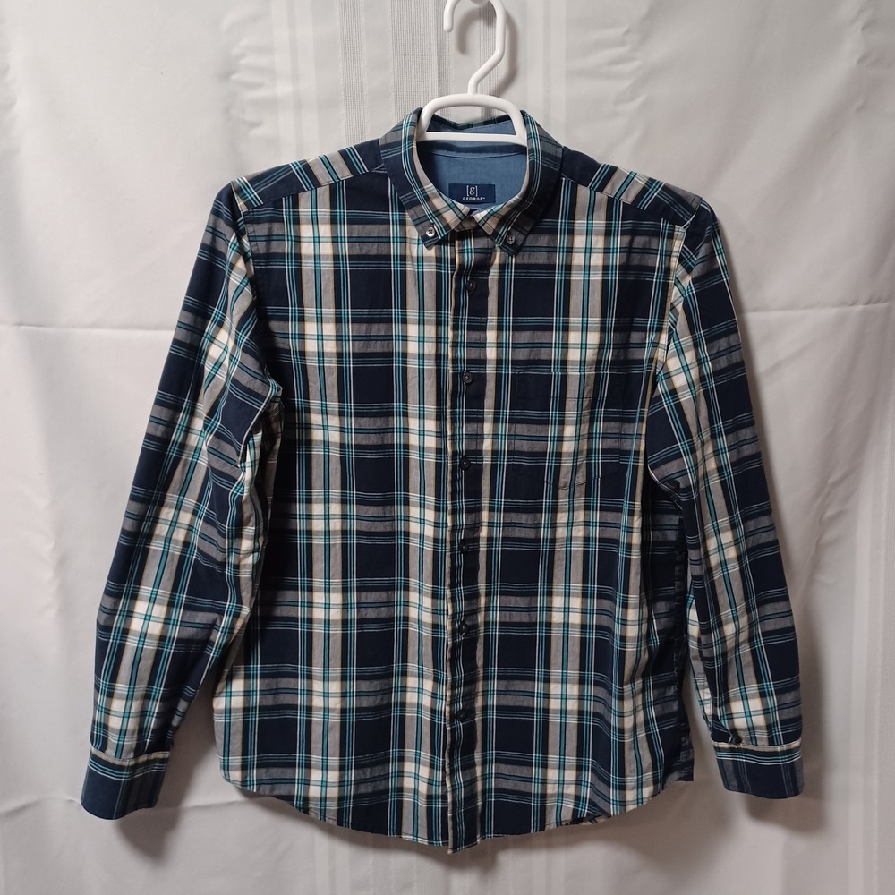 George Button Down Shirt Mens M Navy Teal Plaid Classic Fit Long Sleeve Stretch